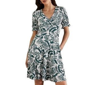 Boden Green White Tropical Palm Leaf Print V-Neck Jersey Dress with Pockets US14